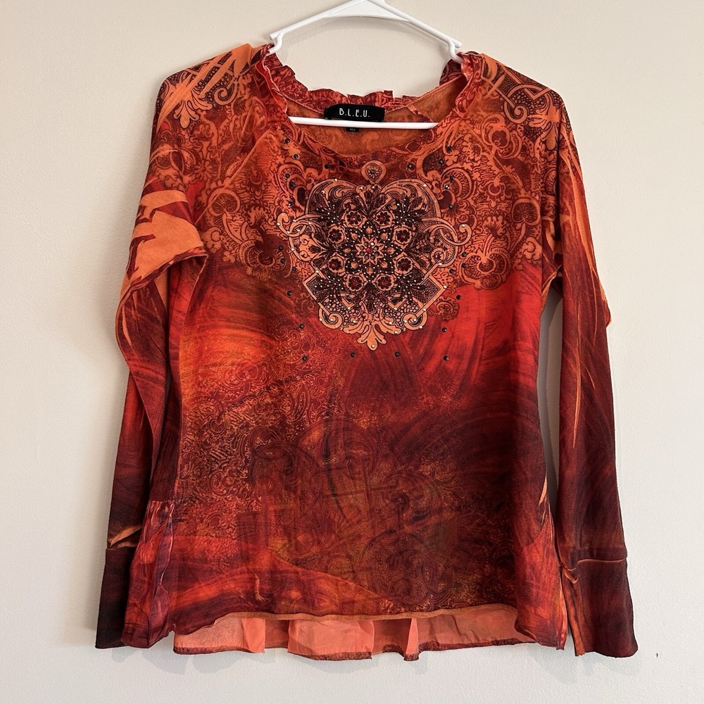 Made in USA Orange Top Sz M Embellished Fairy Grunge Sublimation Whimsigoth